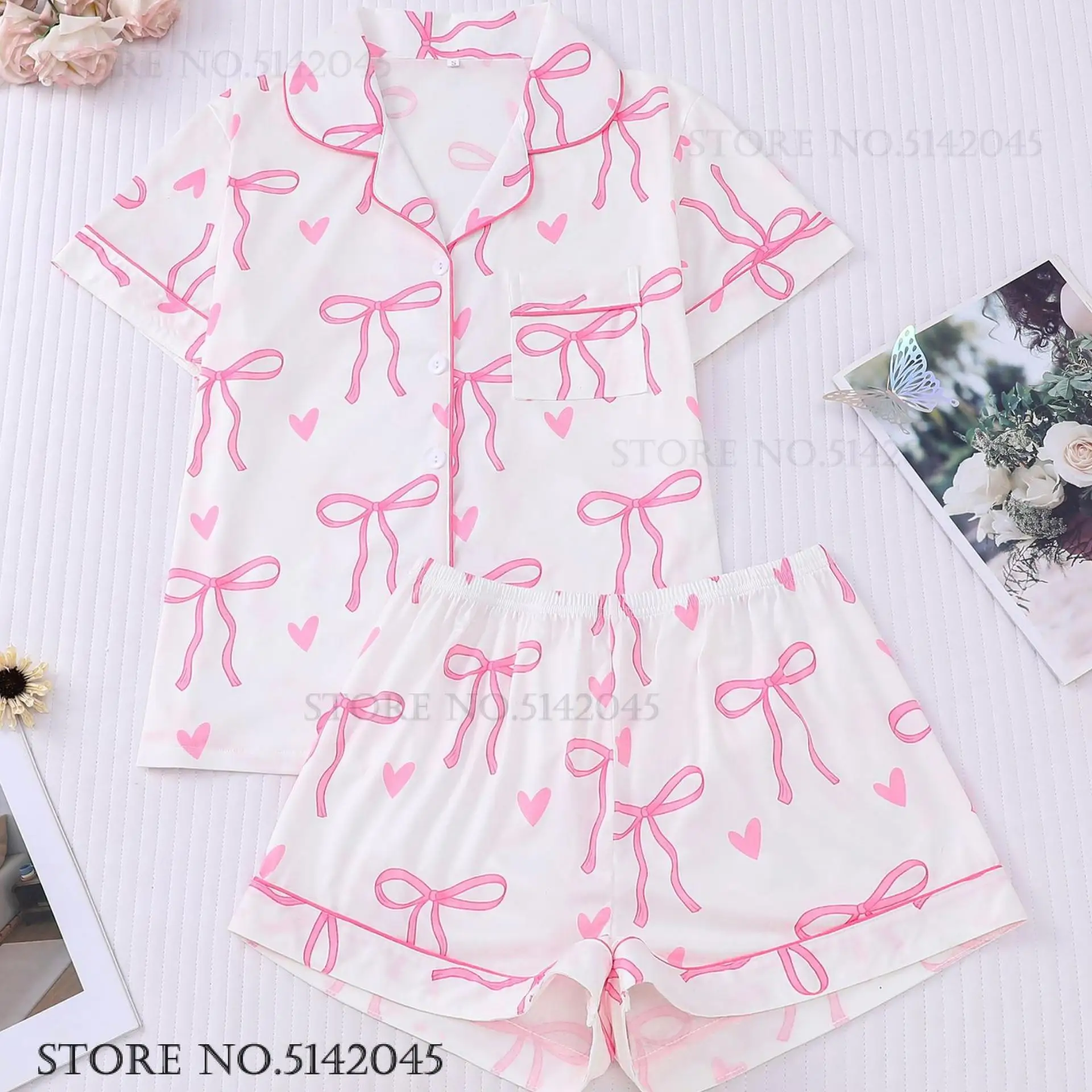 

Summer New Pijama Mujer Young Girl Sweet Sleepwear Lingerie Fashion Print Bow Short Sleeve Shorts 2Pcs Pjs Set Casual Loungewear