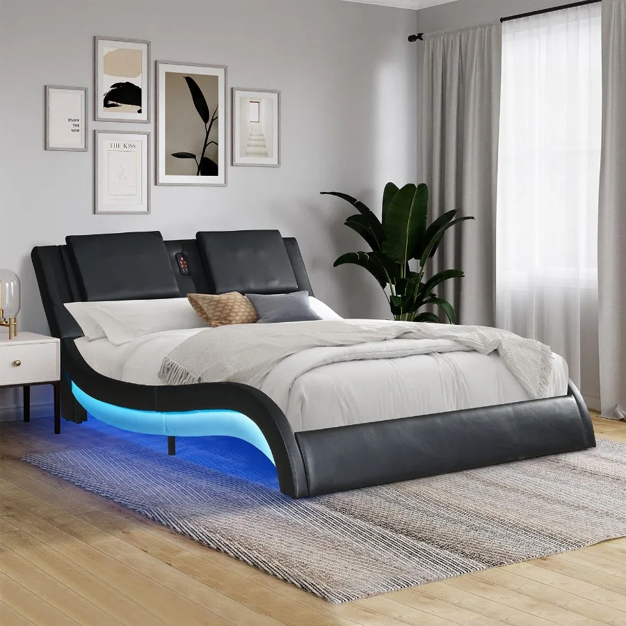 

Faux Leather Upholstered Platform Bed Frame with led lighting; Bluetooth connection to play music RGB control; Backrest vibrati