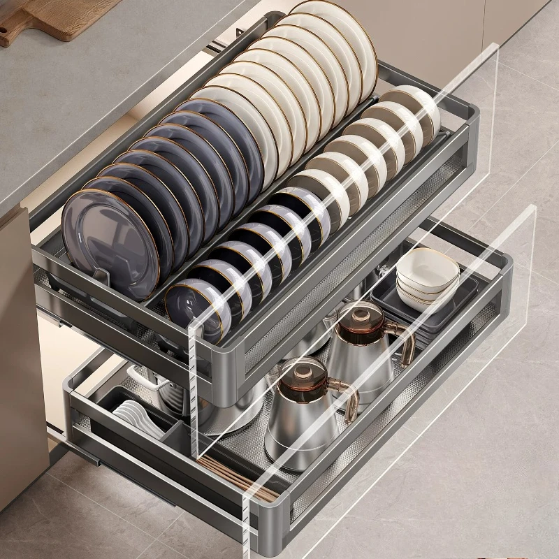 CX Cabinet Pull Basket Double Drawer Type Built-in Bowl Rack Stainless Steel Kitchen Storage Seasoning Basket