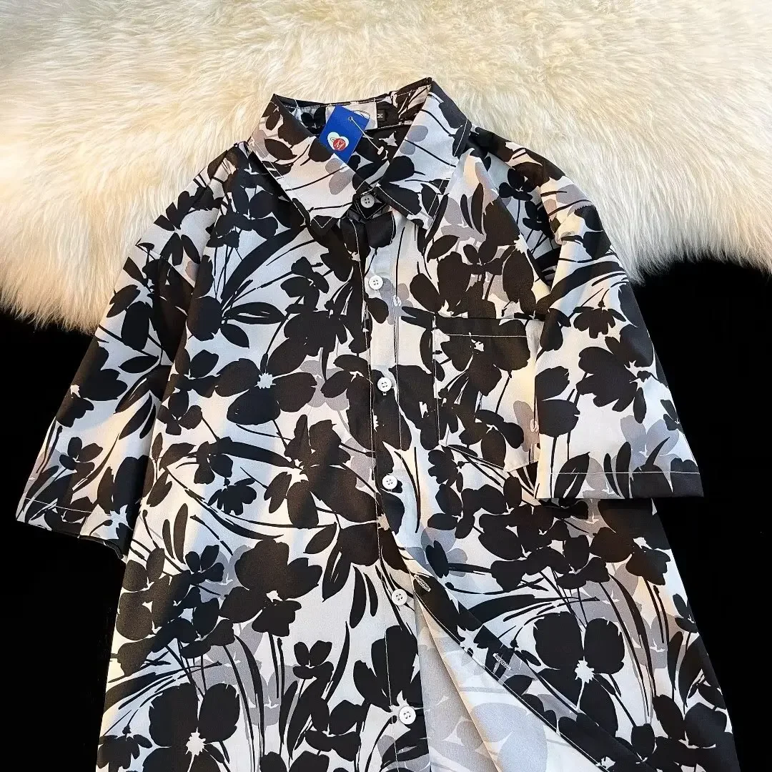 Korean Vintage Floral Pattern Short Sleeved Shirt Men's Summer Couple Beach Casual Hawaiian Shirt T-shirt Men Clothing
