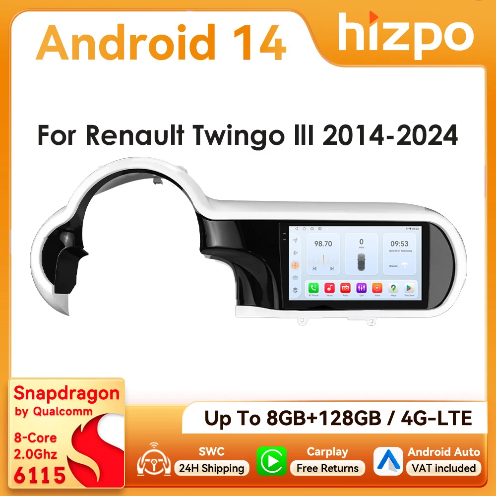 Autoradio 9 " Hizpo 2Din Android14 pour Renault Twingo 3 2014 - 2024 Snapdragon 6115 RDS DSP GPS Navi BT 4G CarPlay Android Auto