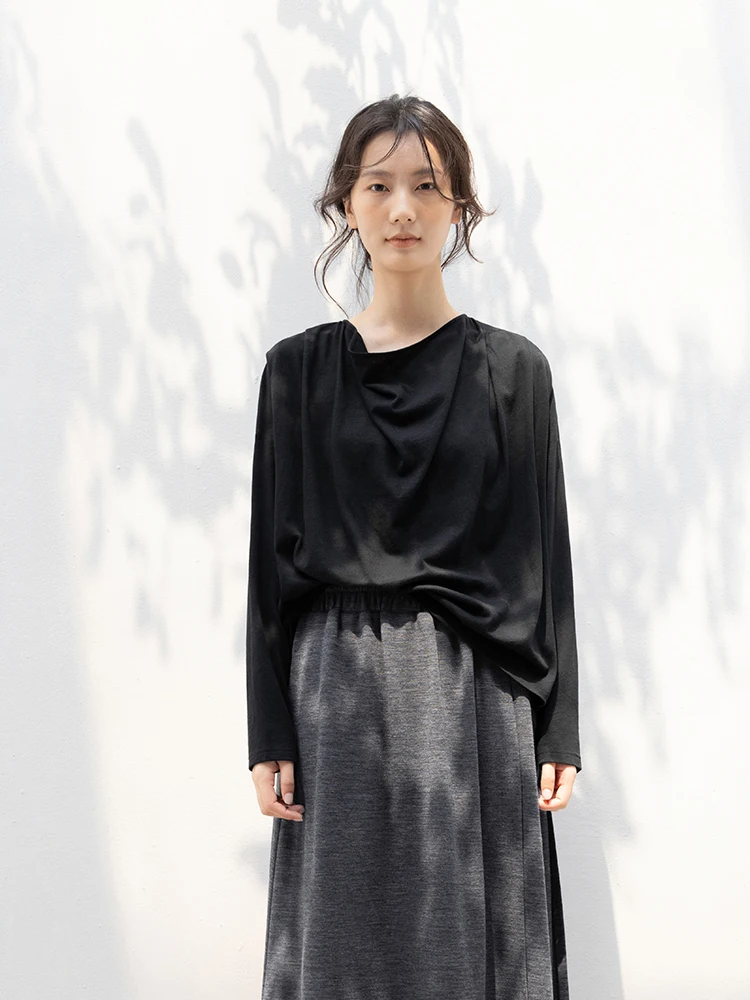 

New Le Collection 00% хлопок вязаная длинная свободная футболка Bla осень с открытым воротником повседневная женская мода