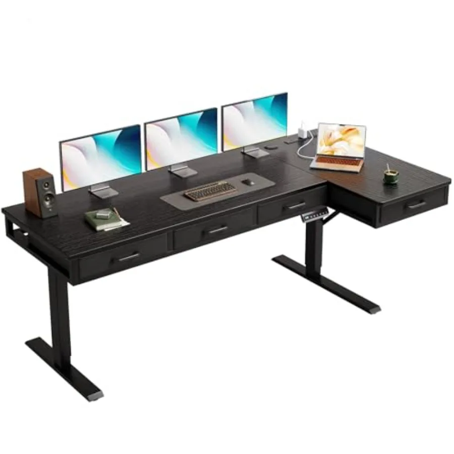 

63 Inch L Shaped Electric Standing Desk with Drawers Height Adjustable Large Desk with Power Outlets Sit Stand Table Writing Co