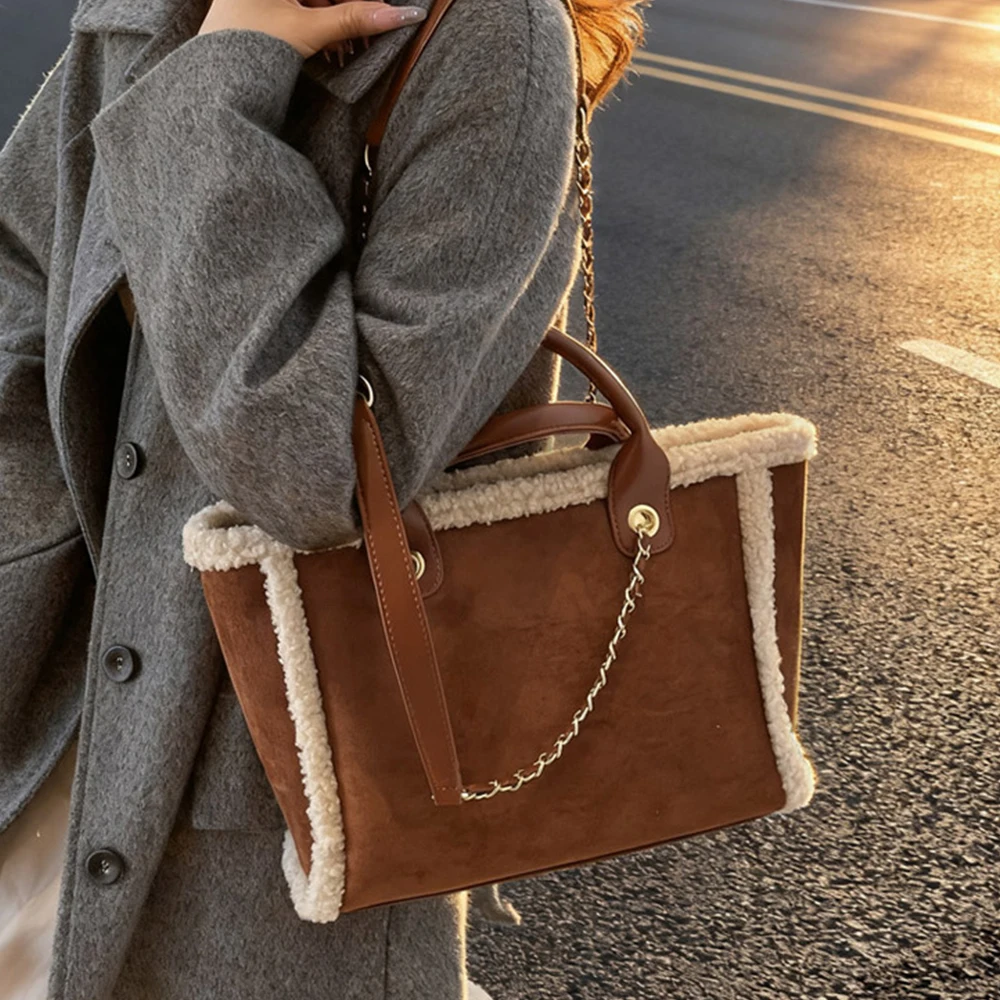 

Fashion Lamb Wool Tote Women Bag Luxury Chains Shoulder Bags for Women Faux Suede Shopper Purses and Handbags NEW Pouch Female
