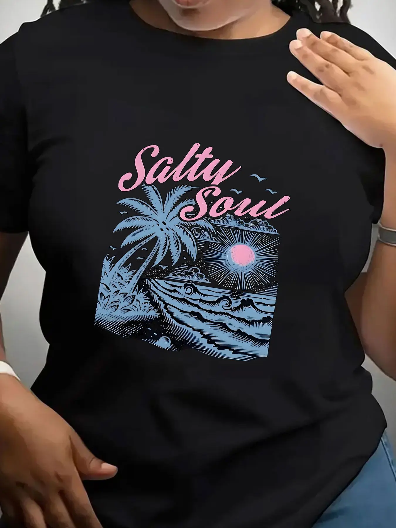 Women's Trendy Crew Neck T-Shirt Salty Soul Palm Tree Ocean Sunset Print Suitable for Casual Sportswear