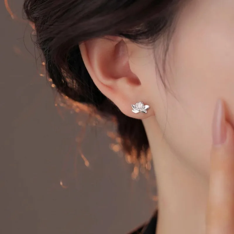 Vintage Lotus Earrings for Girls Simple Plant Korean Stud Earrings for Ladies Birthday Piercing 925 Sterling Silver Jewelry