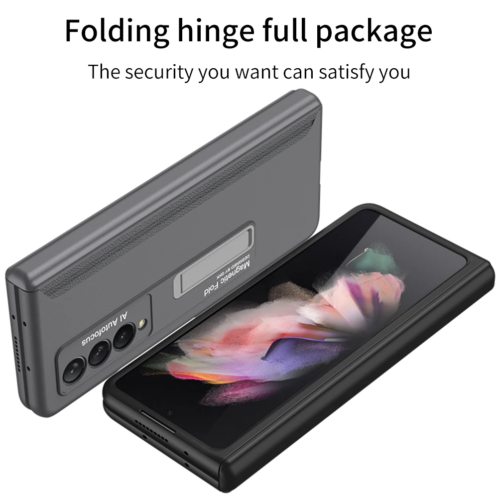 Caixa de plástico com moldura magnética para Samsung, suporte incluído, capa dura, Galaxy Z Fold 2, 3, 4, 5, 5G, novo