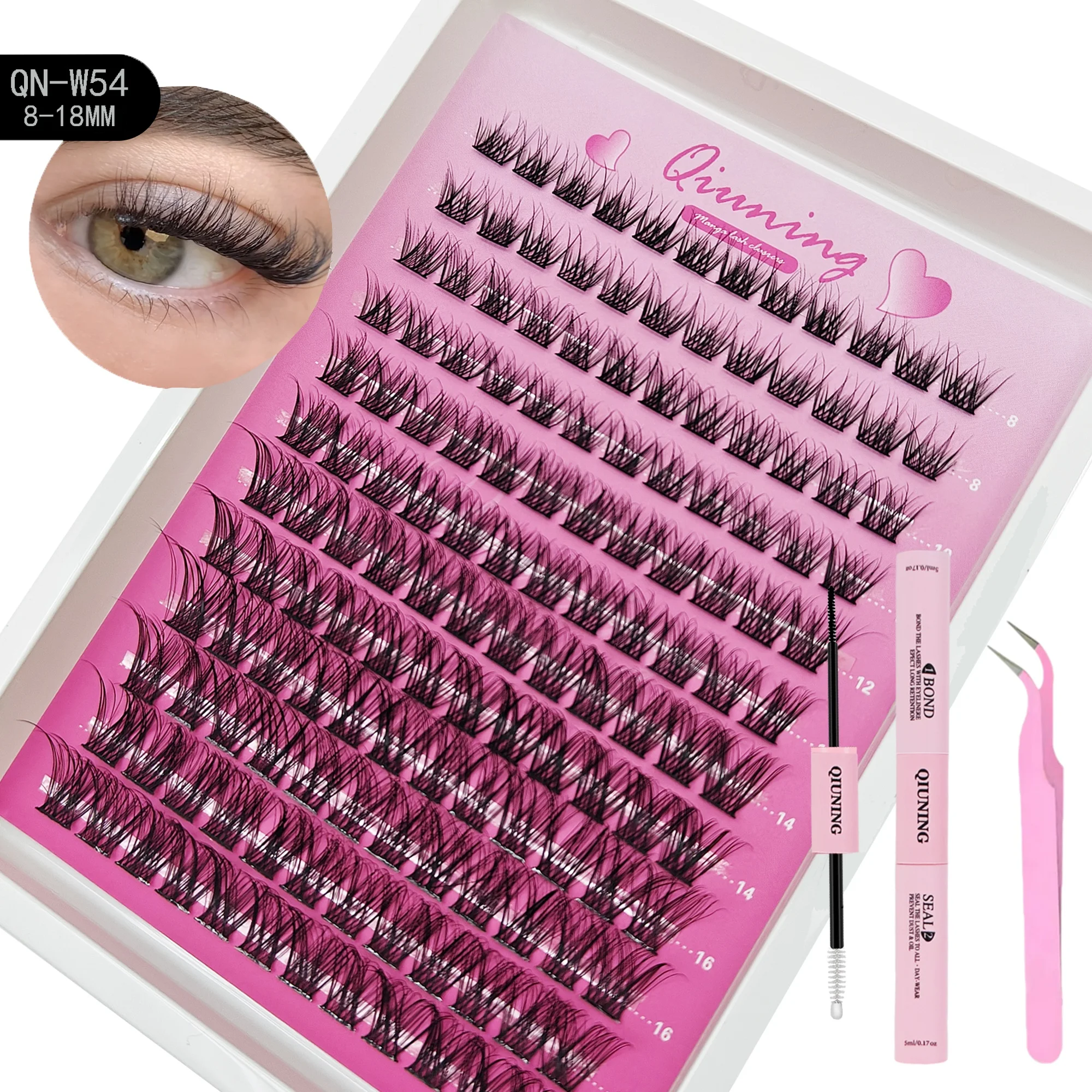 QIUNING Manga Lash Clusters Kit Kattenwimpers met Lash Bond & Seal Cluster Wimperextensions Gemengde Tray Wimperclusters Kit