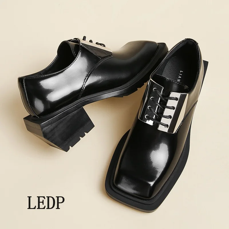 LEDP Brand Men British Derby Shoes 2024 New Trend Design Sense Metal Decorative Square Head Small Leather Shoes High Quality