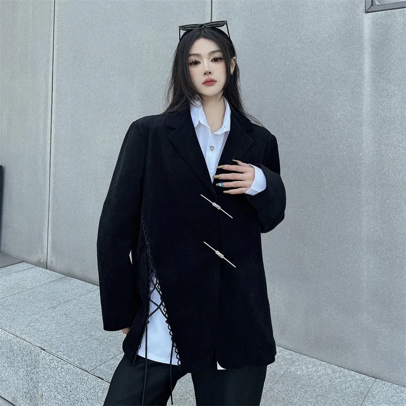 Harajuku Chinese Style Asymmetric Straps Black Suit for Female Autumn Jacket New Loose Version Temperament Thin Suit 2024