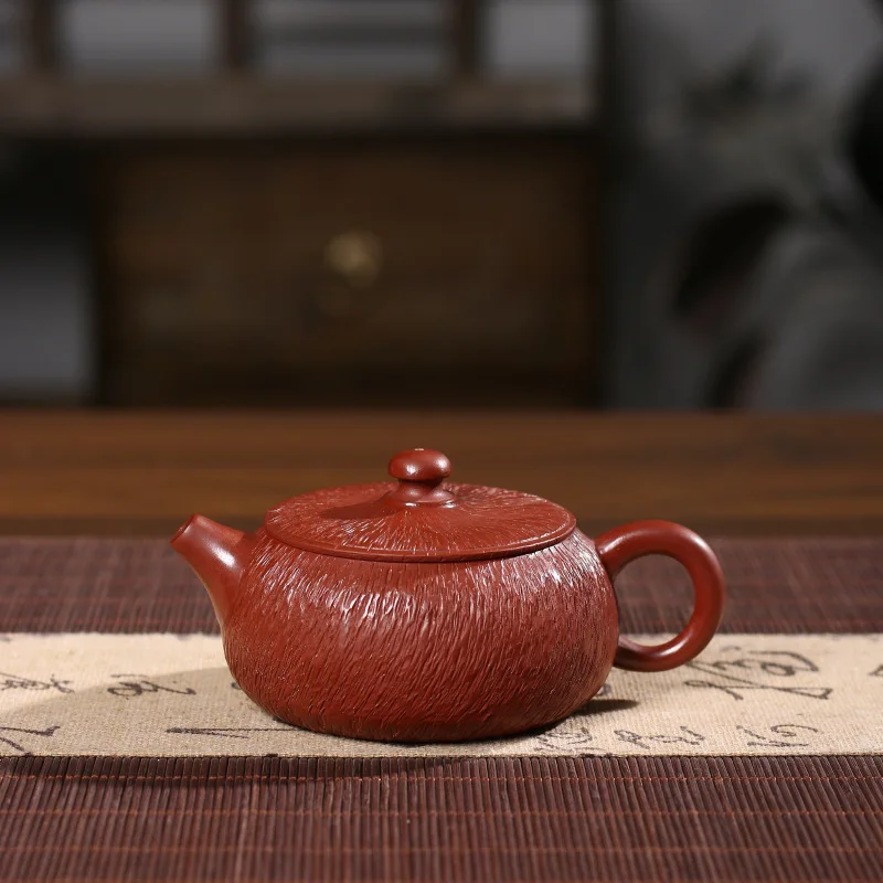 Chaozhou Raw Ore Red Clay Hand-pulled Flat Drum Teapot, 140cc Extra Wide Mouth Handmade Zisha Kung Fu Tea Pot for Home
