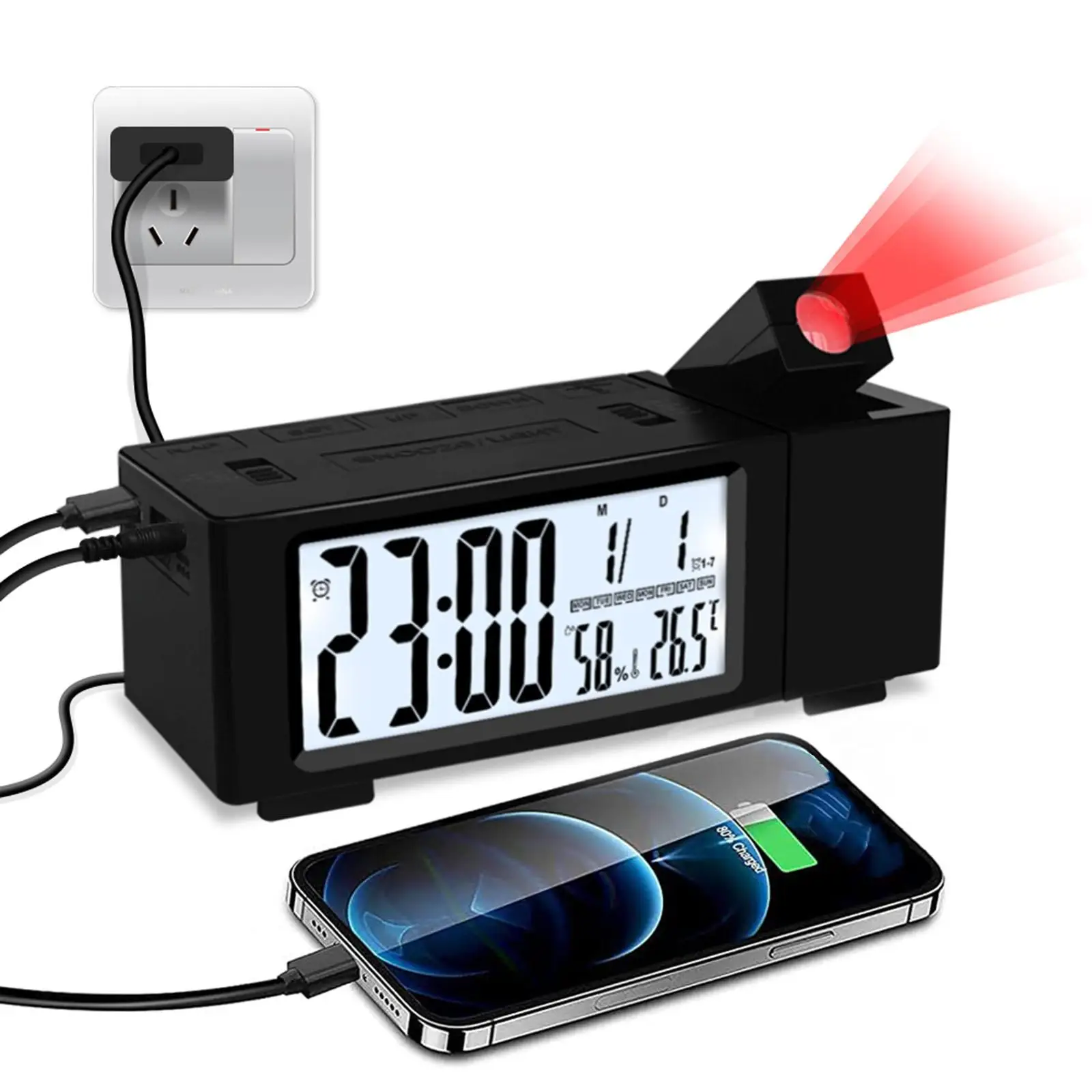 Projection Alarm Clock LED Display 180° Projector Snooze for Bedroom Bedside