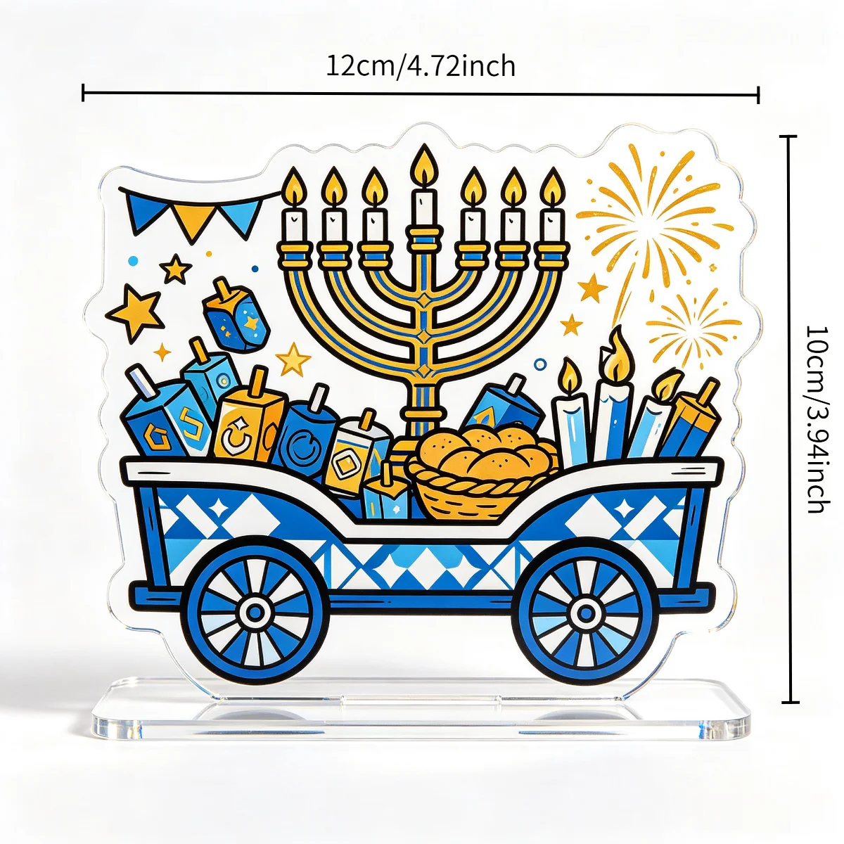 Acrylic Decoration in the Shape of a Hanukkah Car, Double-Sided Pattern with Base, Holiday Living Room Decoration