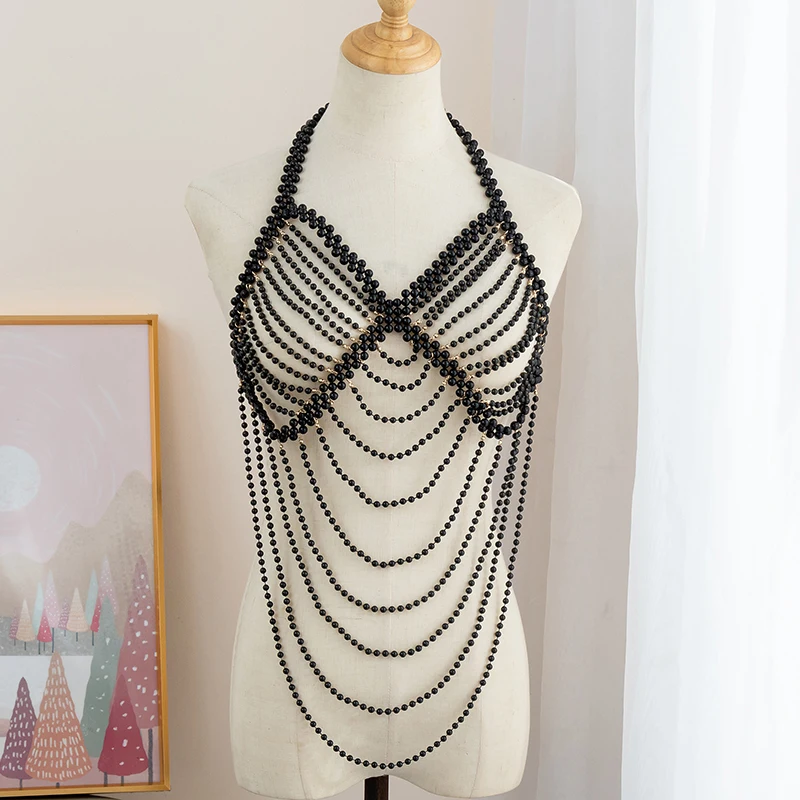 Fashion EuropeAn-American Style Body Chain Handwoven Shawl Pearl Wave Wedding dress performance shoulder chain jewelry