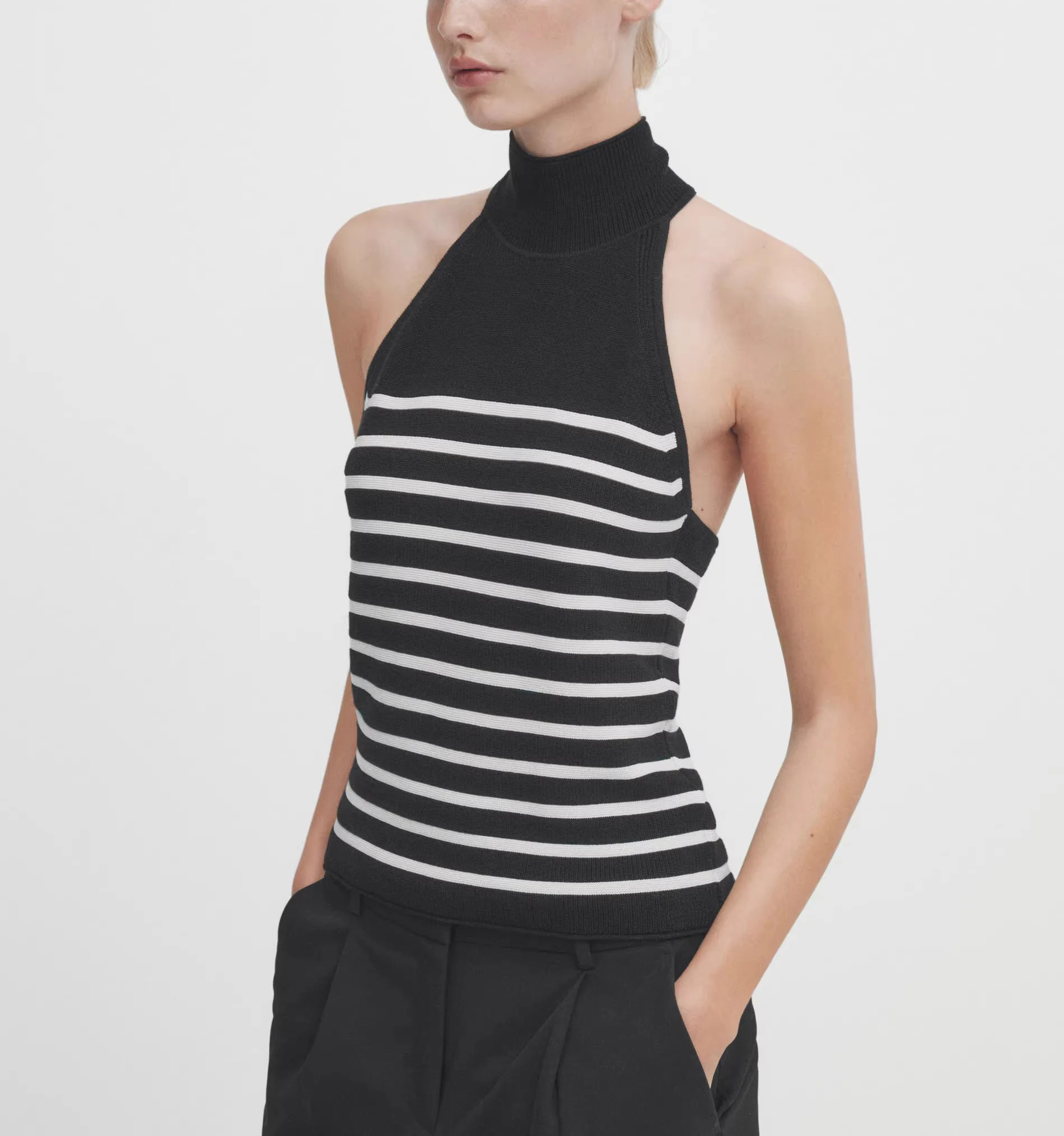 

Sexy oulder Bared Striped Knitted Vest Slim Fit High Collar Base Layer Top Spring New Arrival Women's Faion Polyester Fiber