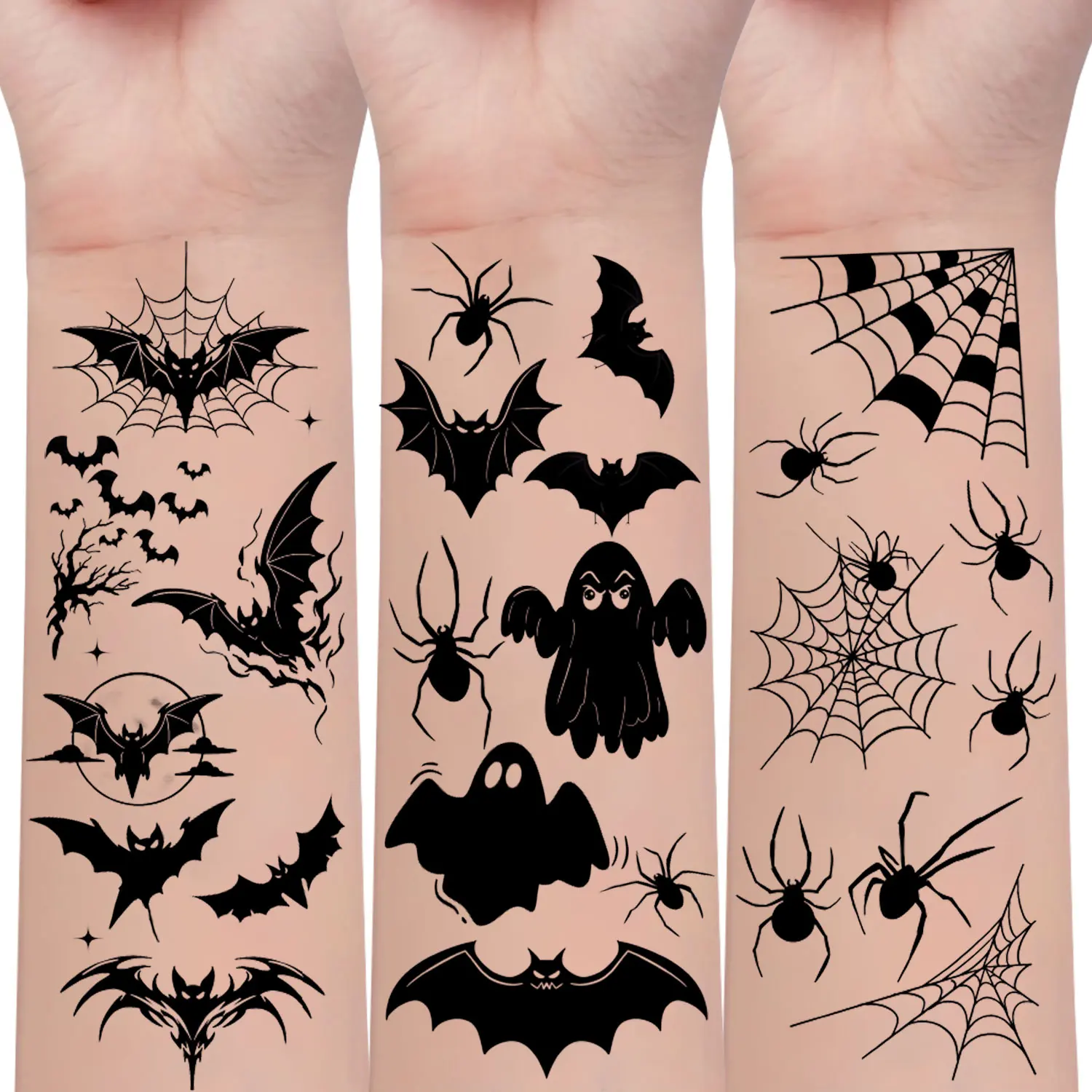 10 Sheets of 98 Halloween Black Bat, Spider, Spider Web, and Ghost Pattern Temporary Tattoo Stickers, Suitable for Party Temporary Makeup