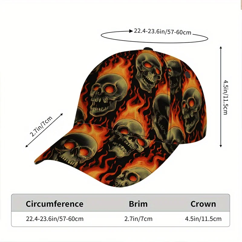 Flaming Skull Frenzy Print Baseball Cap Full-Body Vibrant Polyester Hat with Adjustable Snapback Ideal for Outdoor