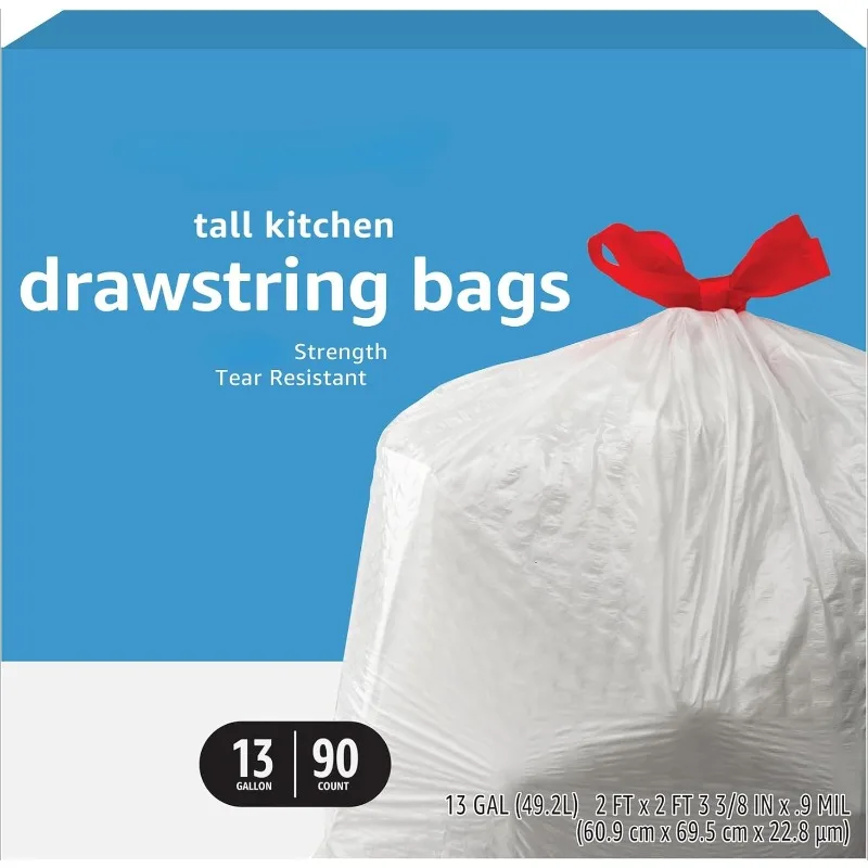 Tall Kitchen Drawstring Trash Bags, Unscented, 13 Gallon, 90 Count, Pack of 1