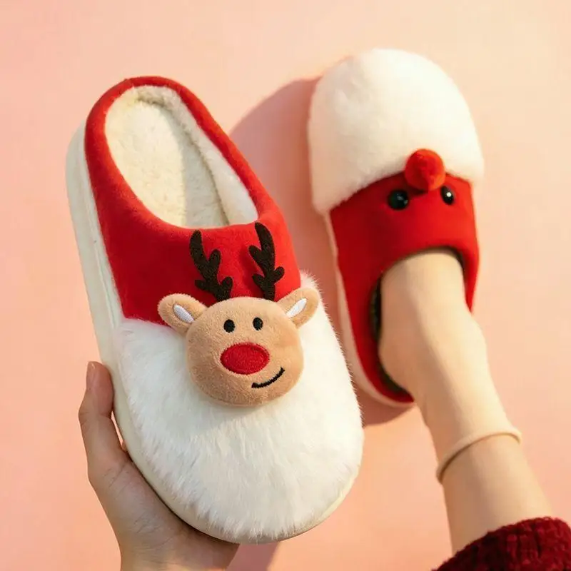 Niedliche Elch-Plüsch-Hausschuhe für Paare, warme Weihnachts-Hausschuhe für drinnen, Wintertrend 2026, bequeme dicke Sohle, Baumwollschuhe für Damen – Detail 8