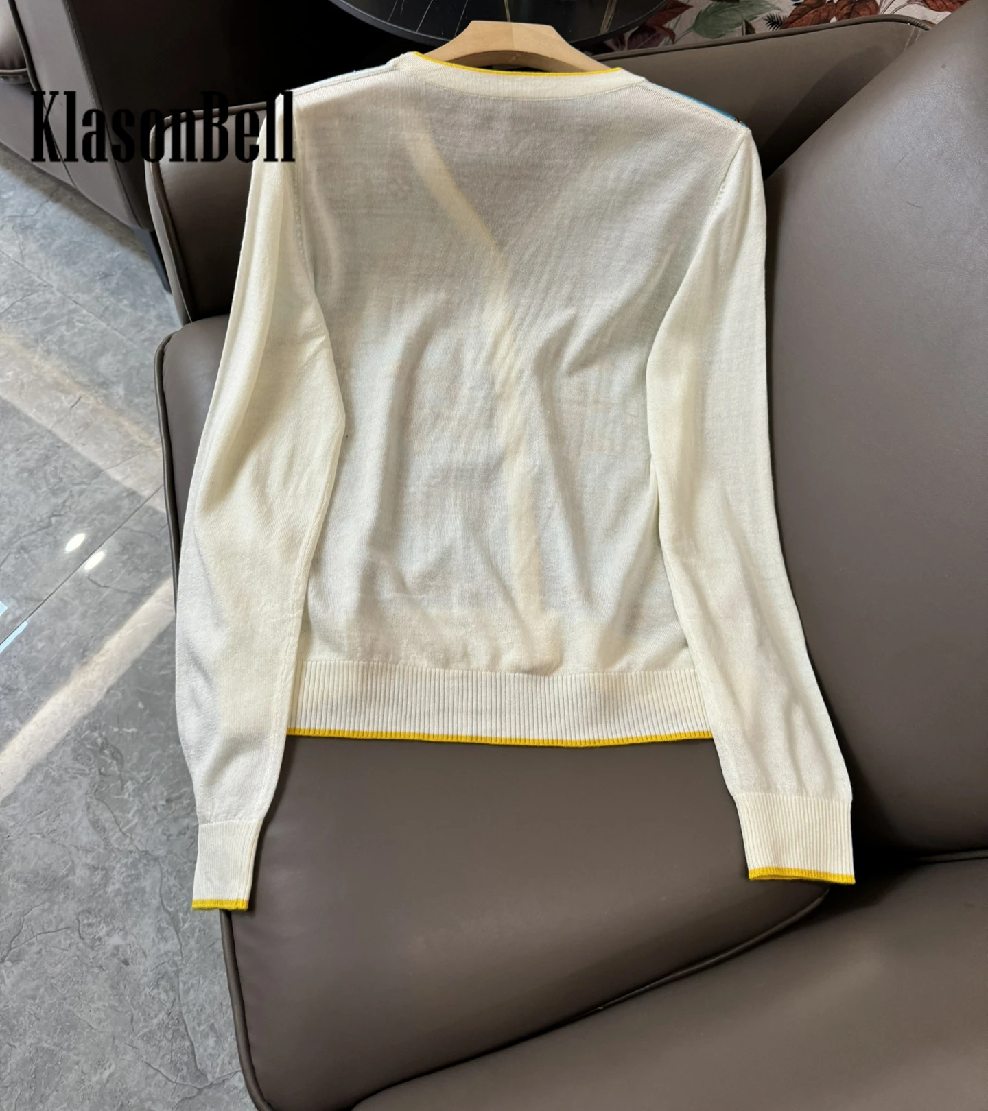 4.14 KlasonBell V-Neck Letter Button Single Breasted Top Women Geometric Pattern Print Silk Spliced Wool Knit Loose Cardigan