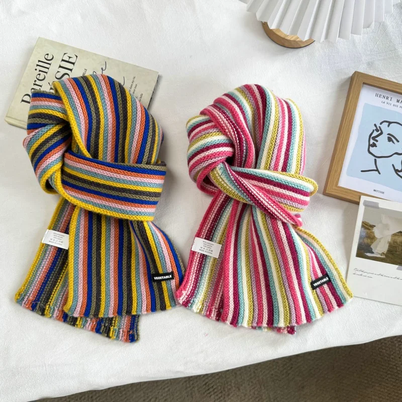 2026 New Colorful Striped Warm Neck Scarf Dopamine Cute Personality Versatile Street Scarf