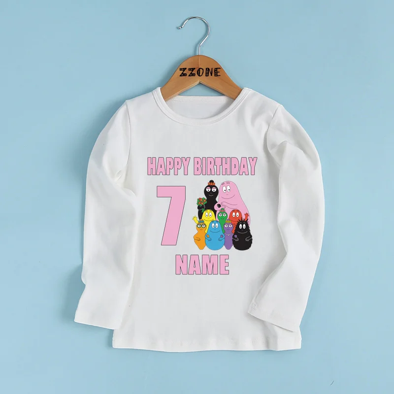 Cute Barbapapa Print Birthday Kids T shirt 1 2 3 4 5 6 7 8 9 Years Customize Name Boys T-shirts Baby Girls Long Sleeve Clothes