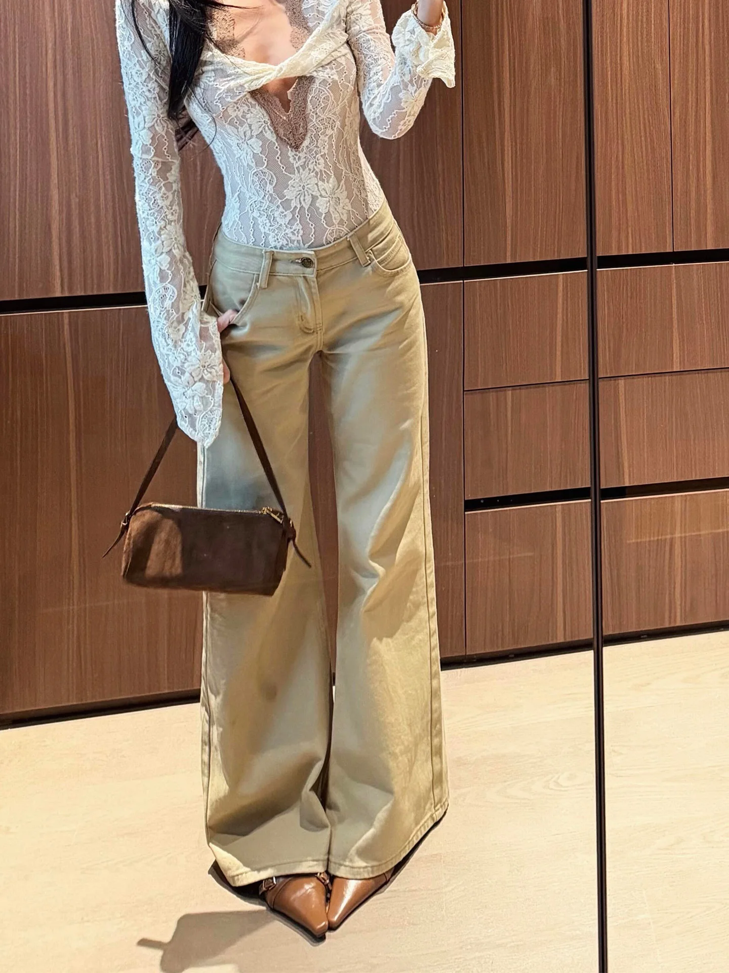 

Slimming American Style Wide Leg Jeans Women's Khaki Summer New Small Size BF Lazy Style Cuffed Straight Tube High Waist Denim
