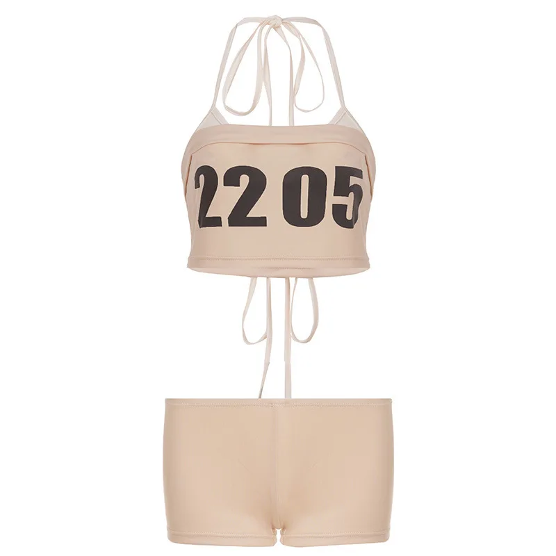 Sexy hot girl sexy beach style three piece bikini retro letter printed crop top slim fit set pants ins