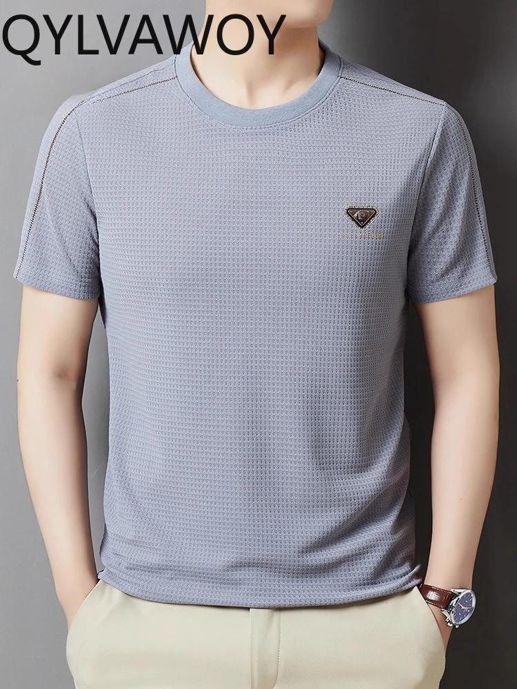 QYLVAWOY Short-sleeved T-shirt Men's Summer High-end 2025 New Light Luxury Trendy Men's T-shirt Breathable Round Neck Top LJ2505