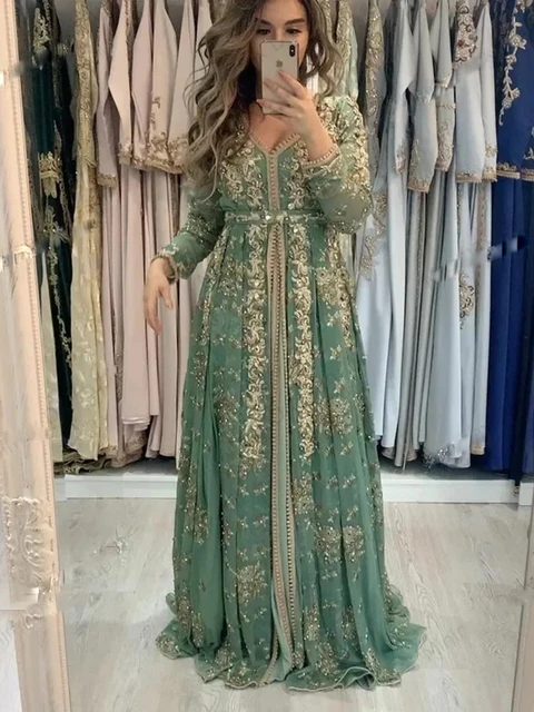 Elegant Moroccan Kaftan Formal Wedding Guest Evening Prom Dresses Gold Lace  Appliques Beaded A Line Arabic Muslim - AliExpress