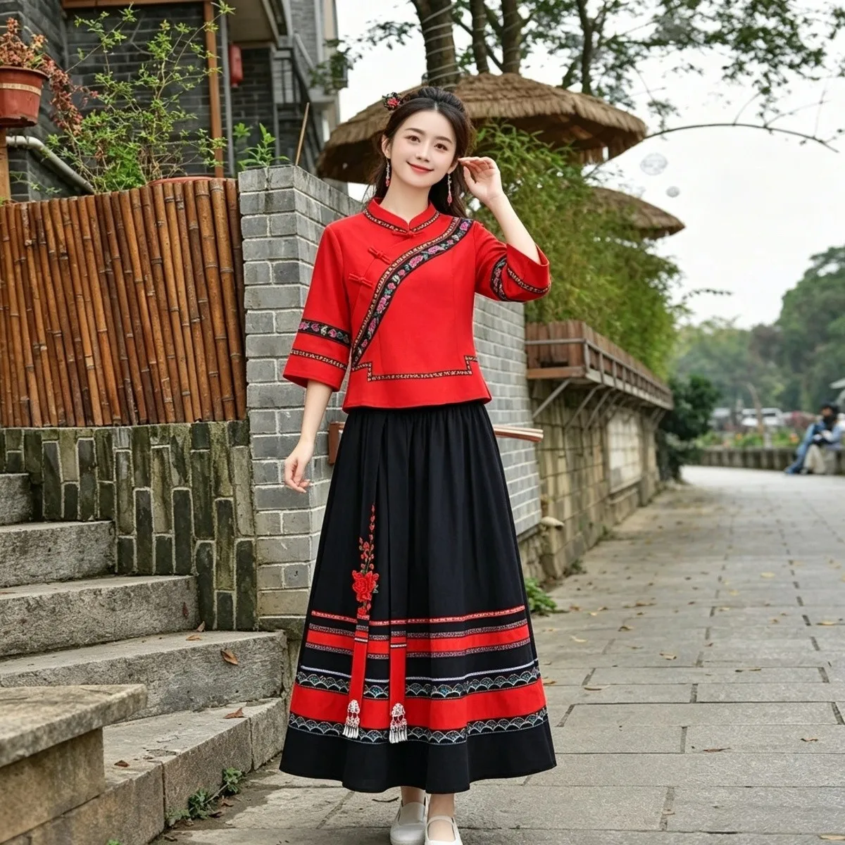 Red Embroidered Set Women's New Chinese Style Stand Collar Top Full Skirt Travel Photography Performance Two Piece Set Autumn