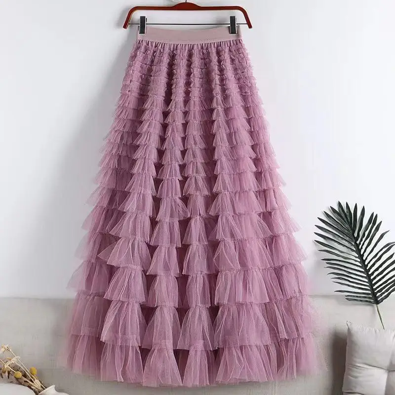 2025 Primavera Verano nueva moda tul malla pastel Midi falda para mujeres ligero hinchado cintura alta adelgazamiento elegante ropa de mujer