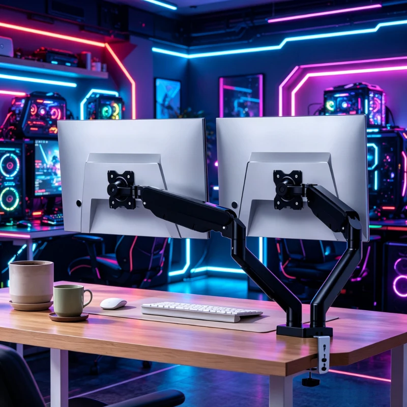 360 Rotatable Black DualScreen Monitor Mount, Multifunctional Adjustable Stand for 1332 Inch Desktop Displays