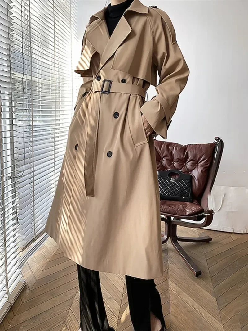 Elegant Khaki Long Trench Coats for Women Vintage Double Breasted Black Windbreaker Korean Casual Loose Long OverCoat Streetwear