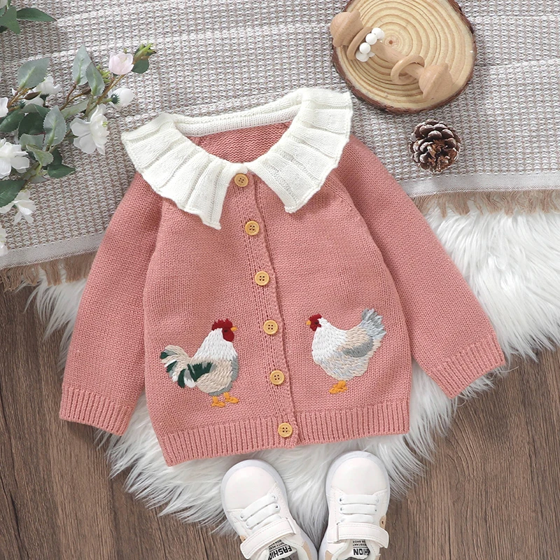 Baby Girl Knit Cardigan Sweater Rooster Embroidery Doll Collar Knitwear Coat Toddler Fall Winter Clothes