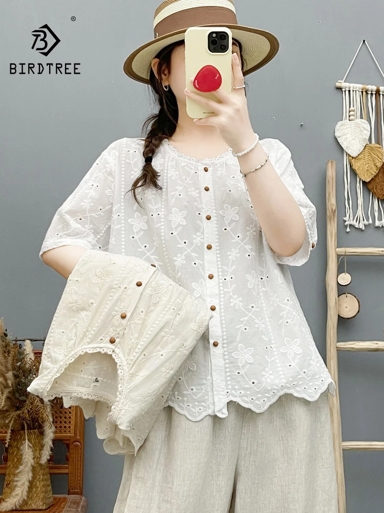 New 2026 Summer Women Cotton Short Sleeve Shirt, Stand Embroidery, Mori Girl Fashion OL Commute Versatile Loose Blouse T66125CC