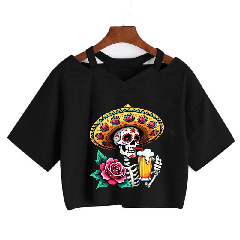 Women's Dia De Muertos Sugar Skull and Floral Print Crop Tops T-Shirt Vibrant Day of The Dead Design Cropped T Shirt Clothes