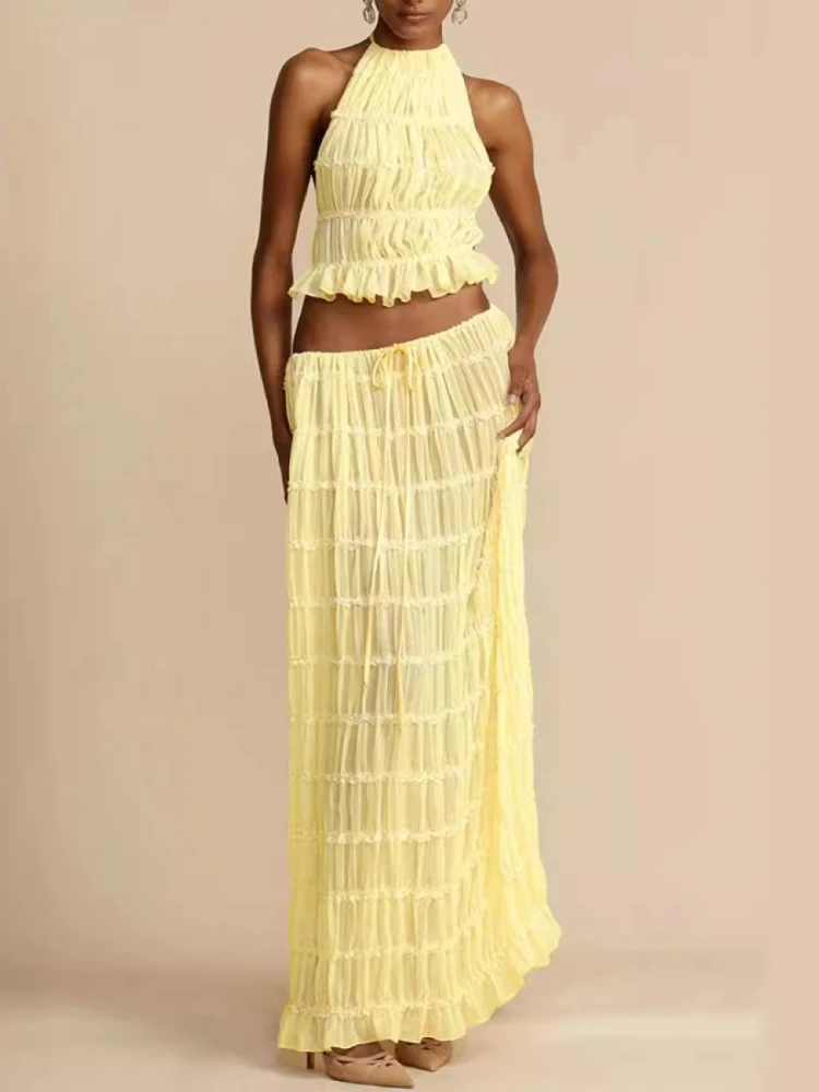 

New Summer Female 2 Piece Set Outfits Ashion Halter Neck Long Skirt Suit Women Backless Sling Top Lace Up Fold Maxi Skirts
