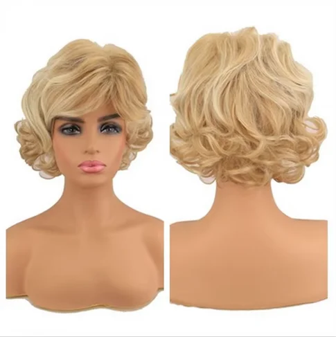 Goldene blonde kurze lockige Perücken mit Haar knallen für Frauen hitze beständige natürliche Glanz synthetische 70er Jahre Look Vollhaar Perücken für wo