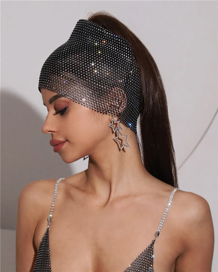 Elastic Fishnet Shiny Rhinestone Cold Hat Women Sexy Hollow Out See Through Mesh Ear Protection Hat Party Decorative Accessories