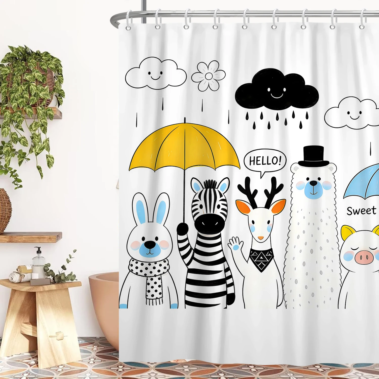 Funny Cartoon Animals Shower Curtain for Bathroom Healing Text Cat Animals Waterproof Fabric Bathtub Bathroom Curtain With Hooks