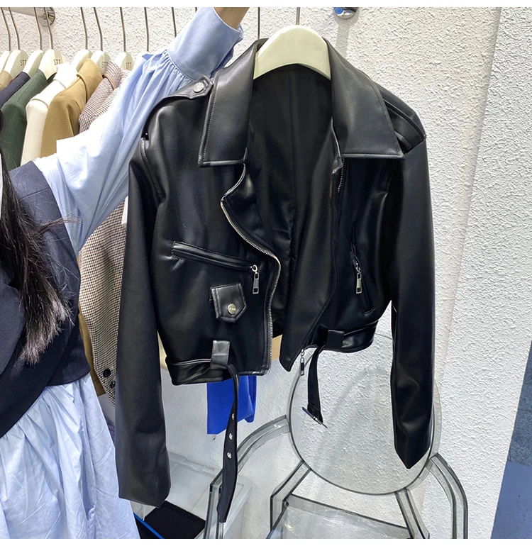 Lautaro Spring Autumn Short Blue Soft Pu Leather Biker Jacket Women Zipper Long Sleeve Belt Cool Luxury Designer Clothes 2022