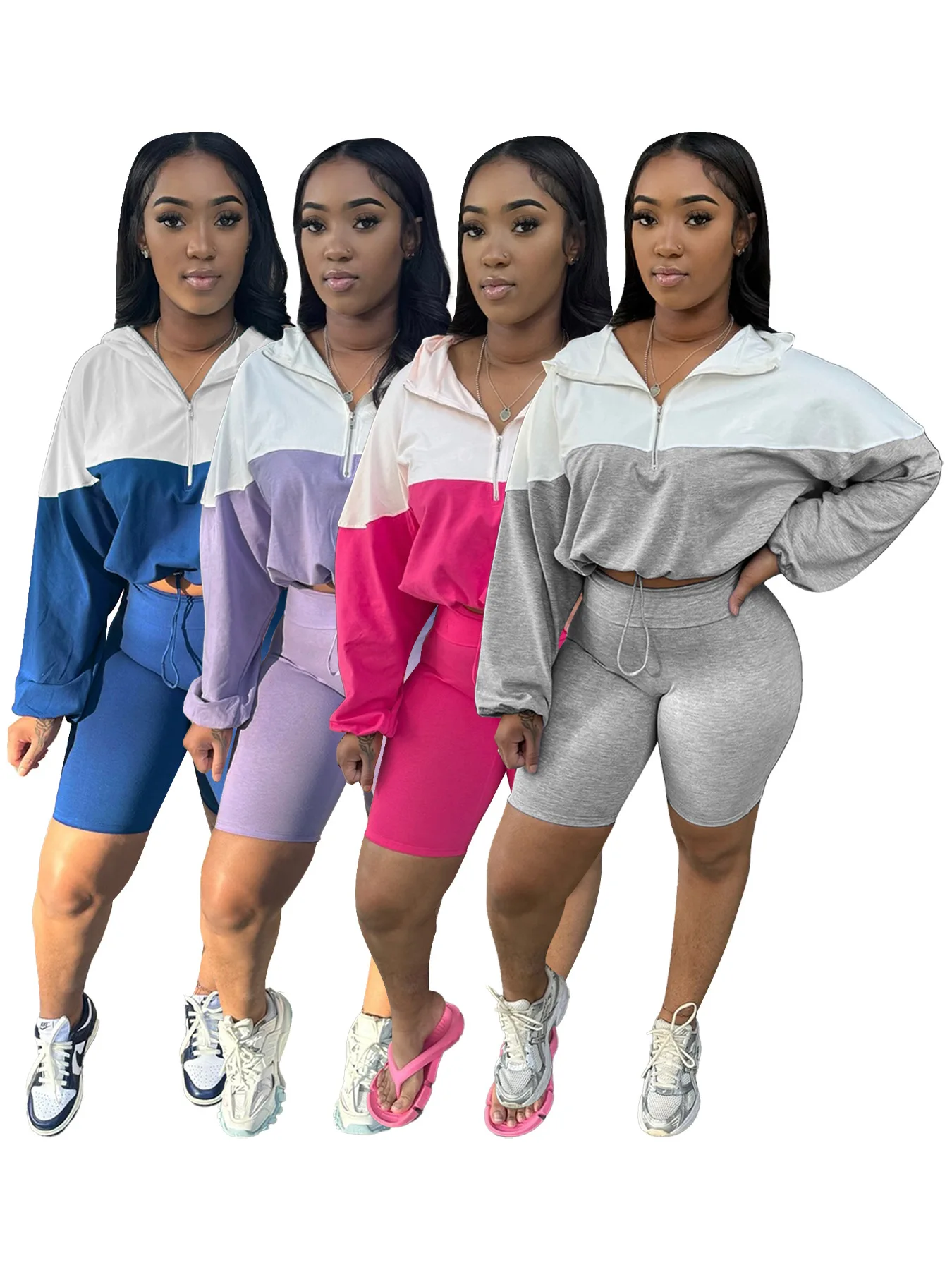 

Summer women Color Block Long sleeve Sweatshirt Hoodies Sets tracksuit casual two pieces set Women Short Sets workout jogger set