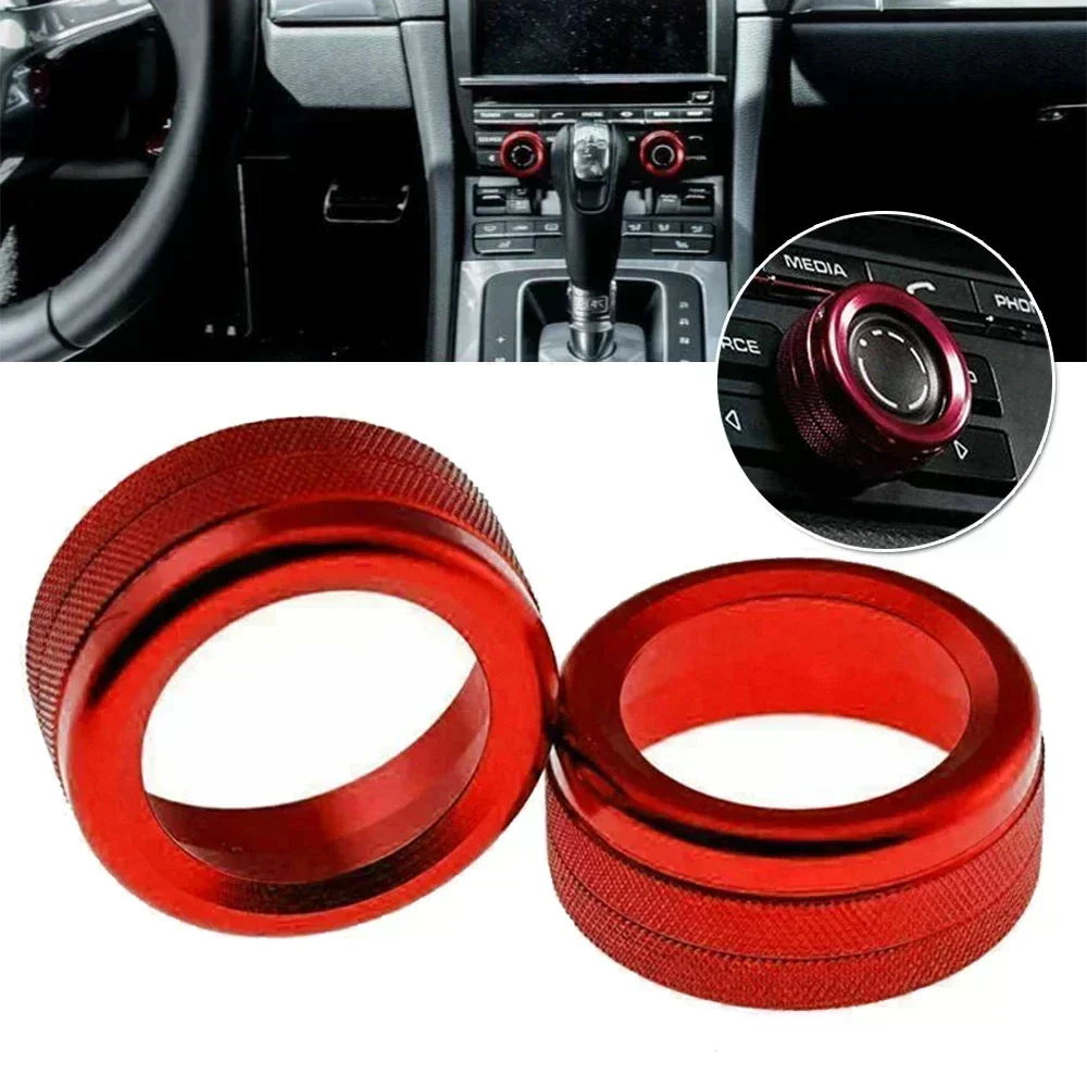 

2x Red Alloy Volume Radio Switch Knob Covers For 911 Macan 718 Knobs Covers