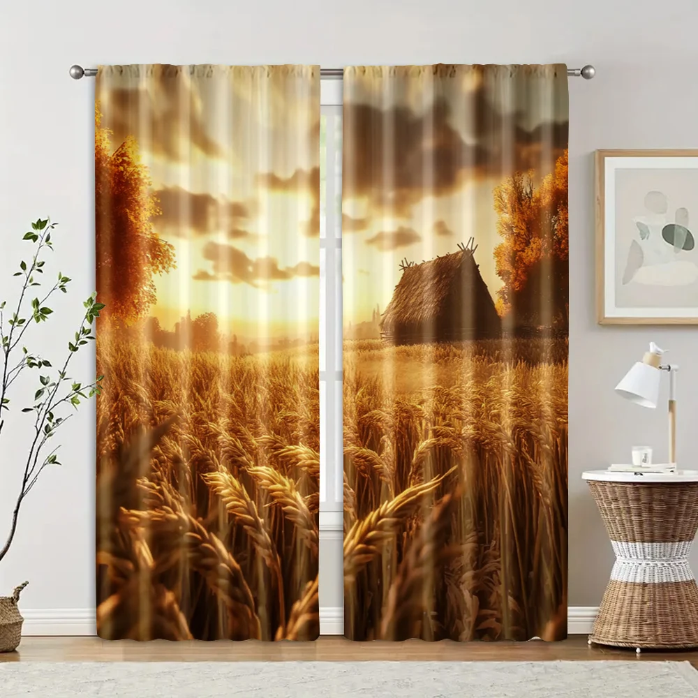 

2 pcs, filtering curtains (excluding rods, non-movable, without batteries) Golden wheat farmhouse for use in bedrooms and living