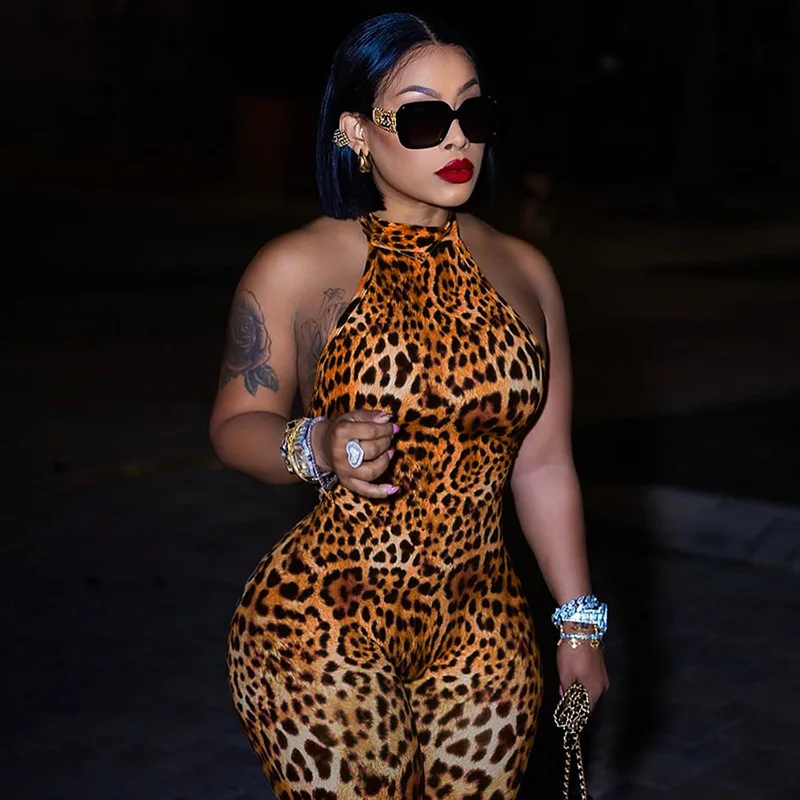 Europe and the United States summer new sexy hot girl halter neck strap leopard hip tight jumpsuit woman
