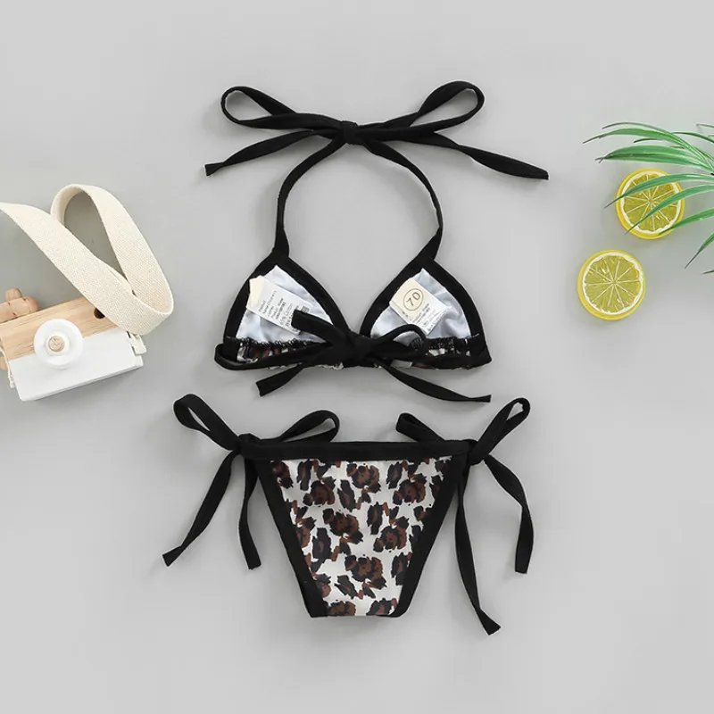 Bañador con estampado de leopardo para niñas pequeñas, conjunto de Bikini de 2 piezas, ropa de playa