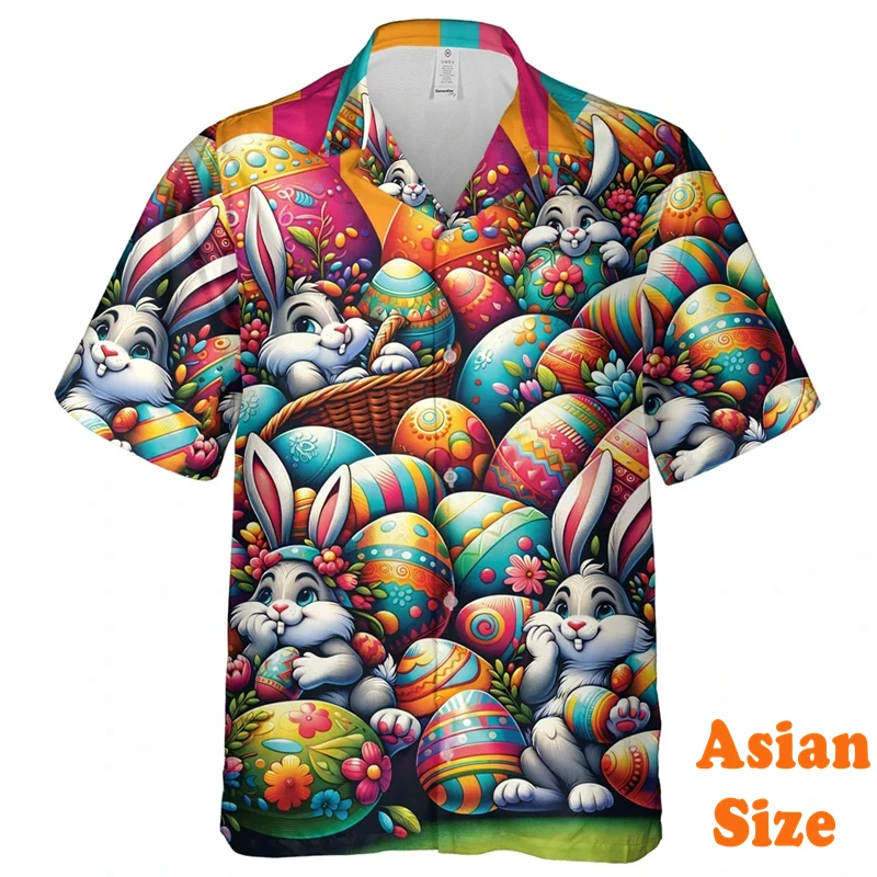 Happy Easter Funny Shirts For Men Full Over Print Cute Bunny Eggs Pattern Lapel Shirts Holiday Street 2025 Fashion Trend Tee Top