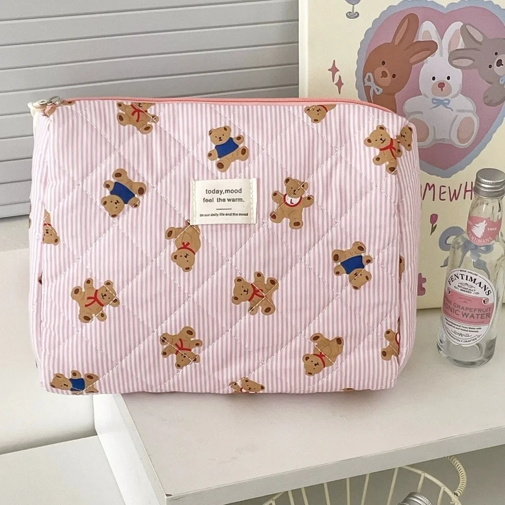 3PCS Multi-Layer Quilted Cotton Makeup Bag Large Capacity Portable Toiletry Pouch Zipper Soft Cartoon Cosmetic Organizer Daily