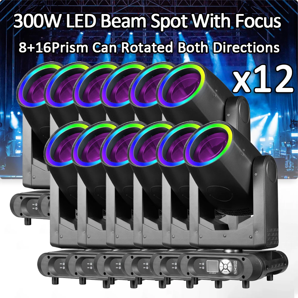 

12 шт./лот, 300 Вт, светодиодный светильник с подвижной головкой, луч и точечный светильник, 8 + 16 вращающихся призм, CMY, фокус, эффект мороз, вечерние, KVT, дискотека, DJ, сценическое освещение